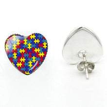 Load image into Gallery viewer, 2020 New Autism Awareness Heart Earring Hand Craft Earrings Silver Glass Dome Photo Jewelry Art Ear Studs For Women