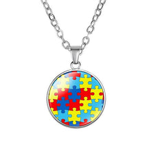Load image into Gallery viewer, Autism Red Ribbon Puzzle Pendants Cabochon Glass Dome Necklace New Arrival Caring theme Handmade Long Chains Necklaces Jewelry