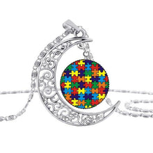 Load image into Gallery viewer, Pakutee Autism Colorful Puzzle Tree Symbol Sliver Moon Necklace Take Care Of Autism Spread Love Necklace Kids Jewelry Accessories